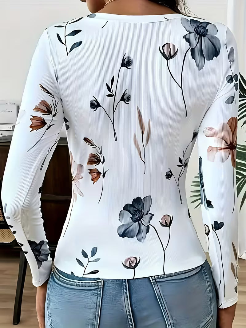 Rabiye | Long Sleeve Floral Print Ribbed Top