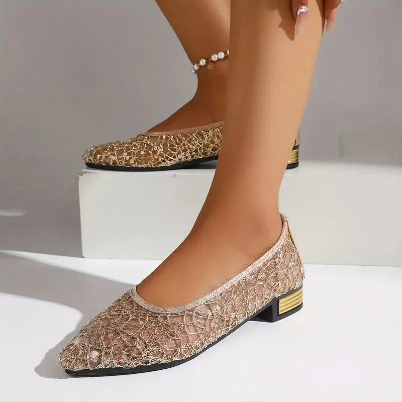 Tenley | Silver Lace Low Heel Flats