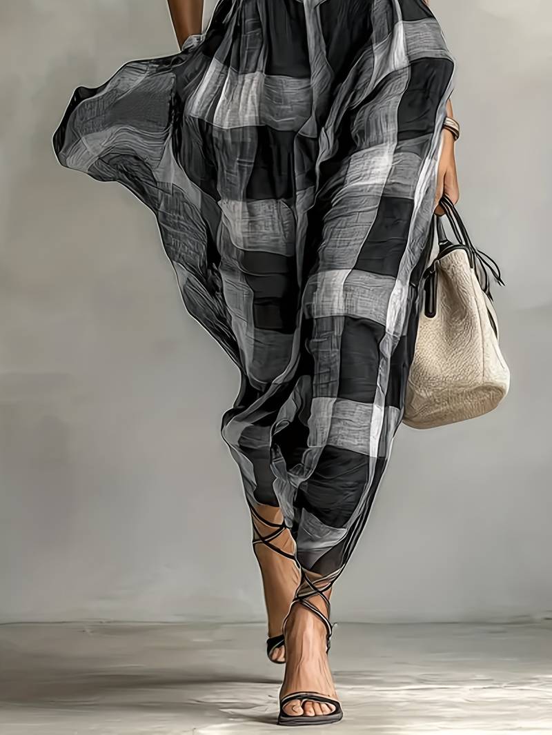 Nethara | High Neck Checked Belted Maxi Dress