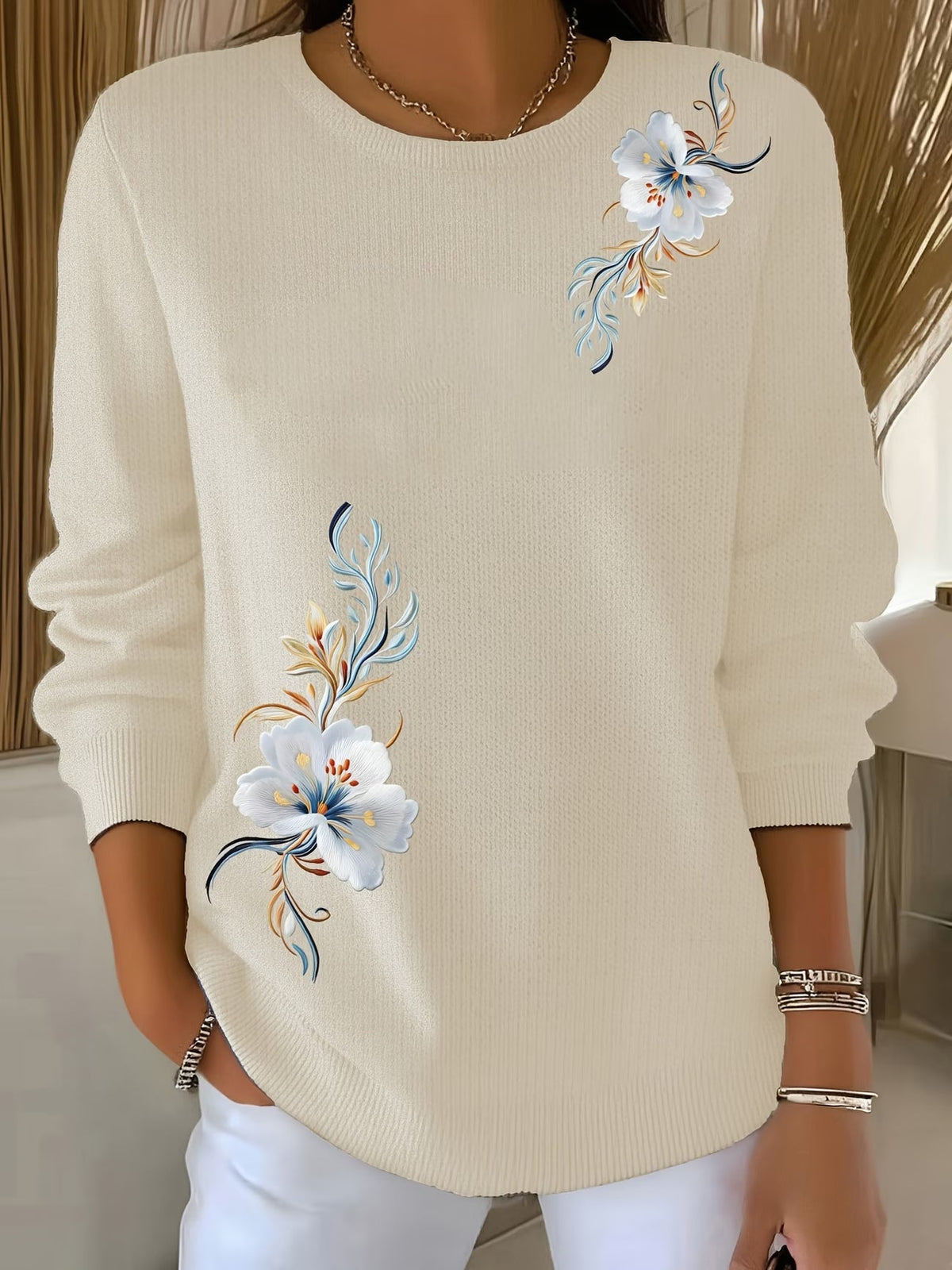Adelurella | Floral Long Sleeve Jumper with Round Neck