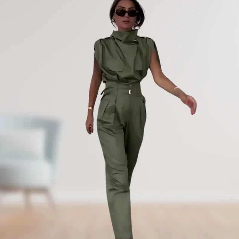 Reinhild | Sleeveless High Neck Belted Two Piece Set