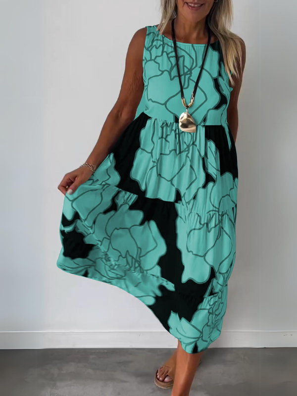 Hertha | Floral Print Sleeveless Tiered Midi Dress