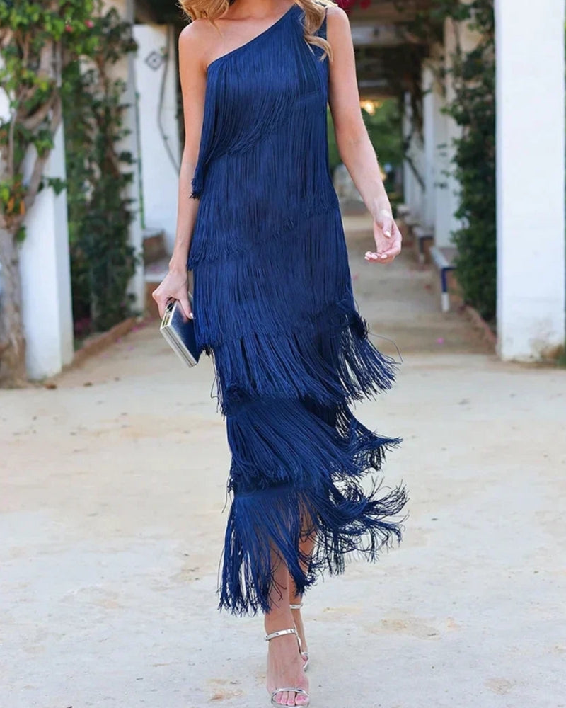 Tamira | One Shoulder Fringe Midi Dress