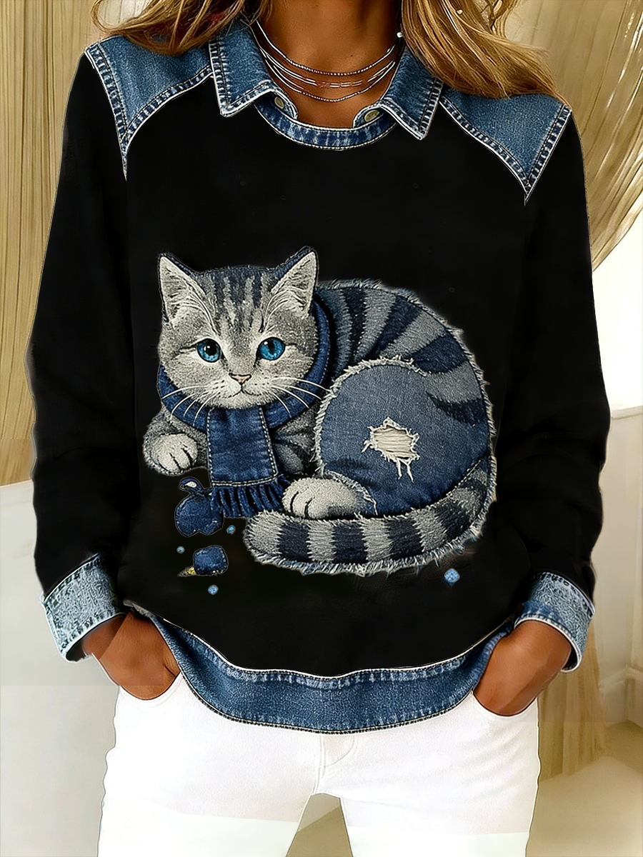 Eponin - Cat Print Patchwork Collar Sweatshirt