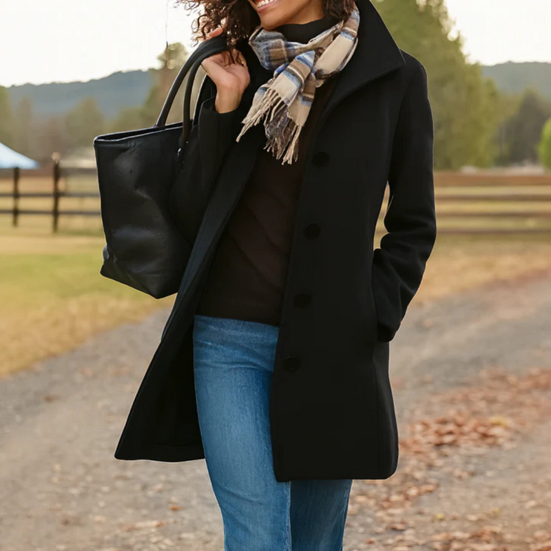 Quendra | Long Sleeve Button Front Mid-Length Coat