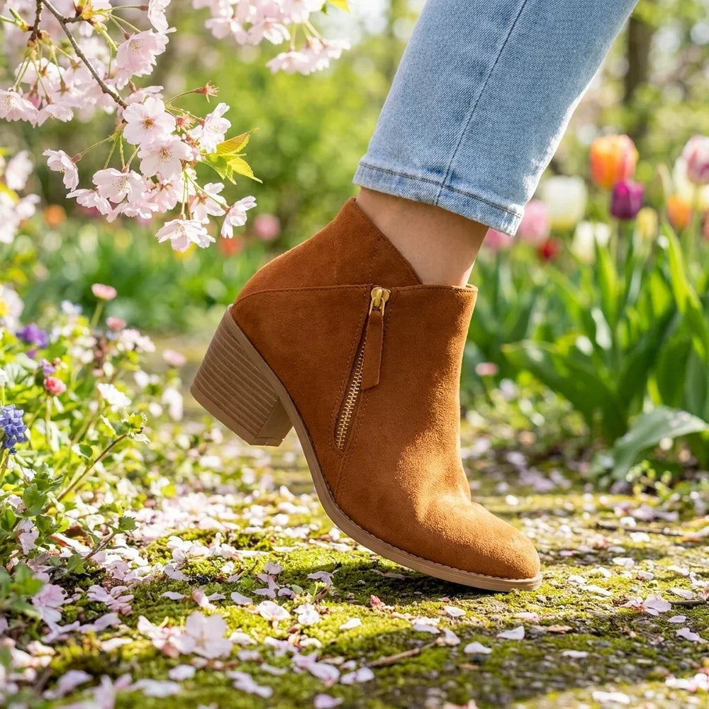 Krista | Ankle Boots Side Zip Block Heel Suede-Style