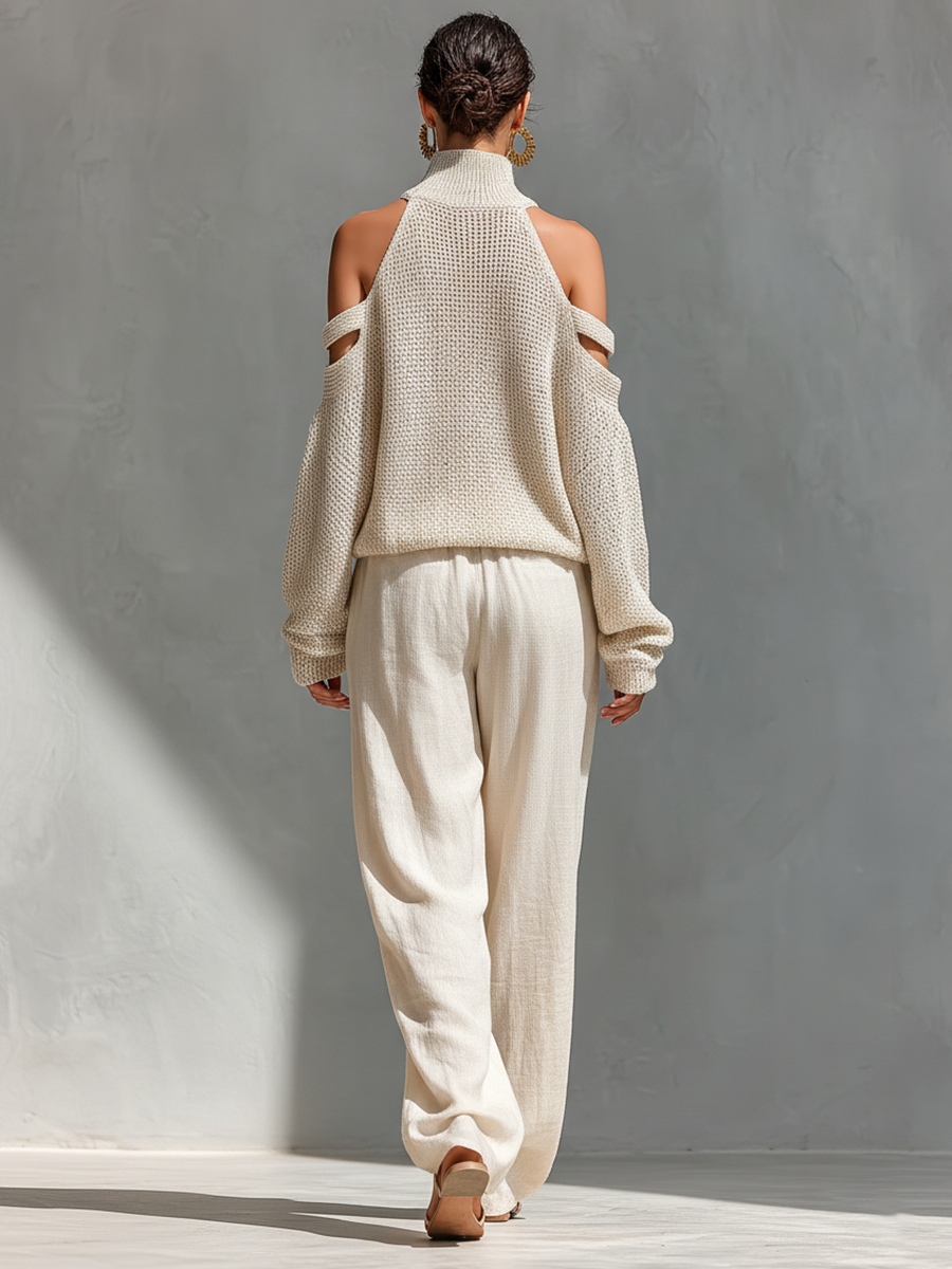 Elyzia | Trouser Set With Knitted Cold Shoulder Top