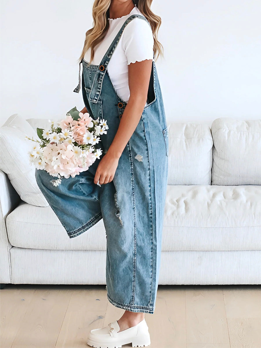 Clarice | Denim Overalls Wide Leg Distressed
