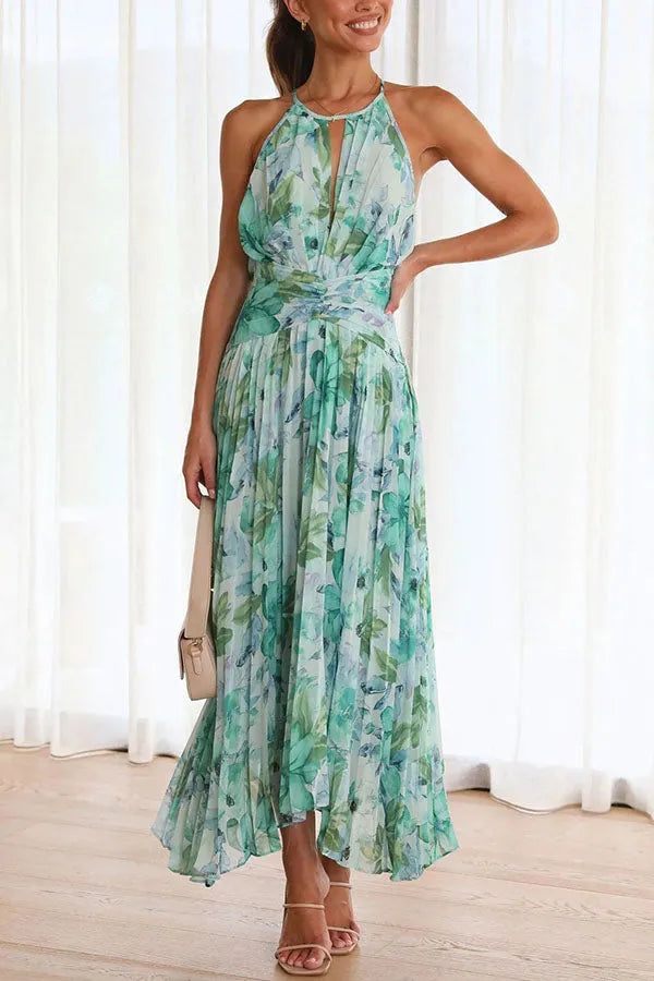 Monyca | Floral Pleated Halterneck Midi Dress