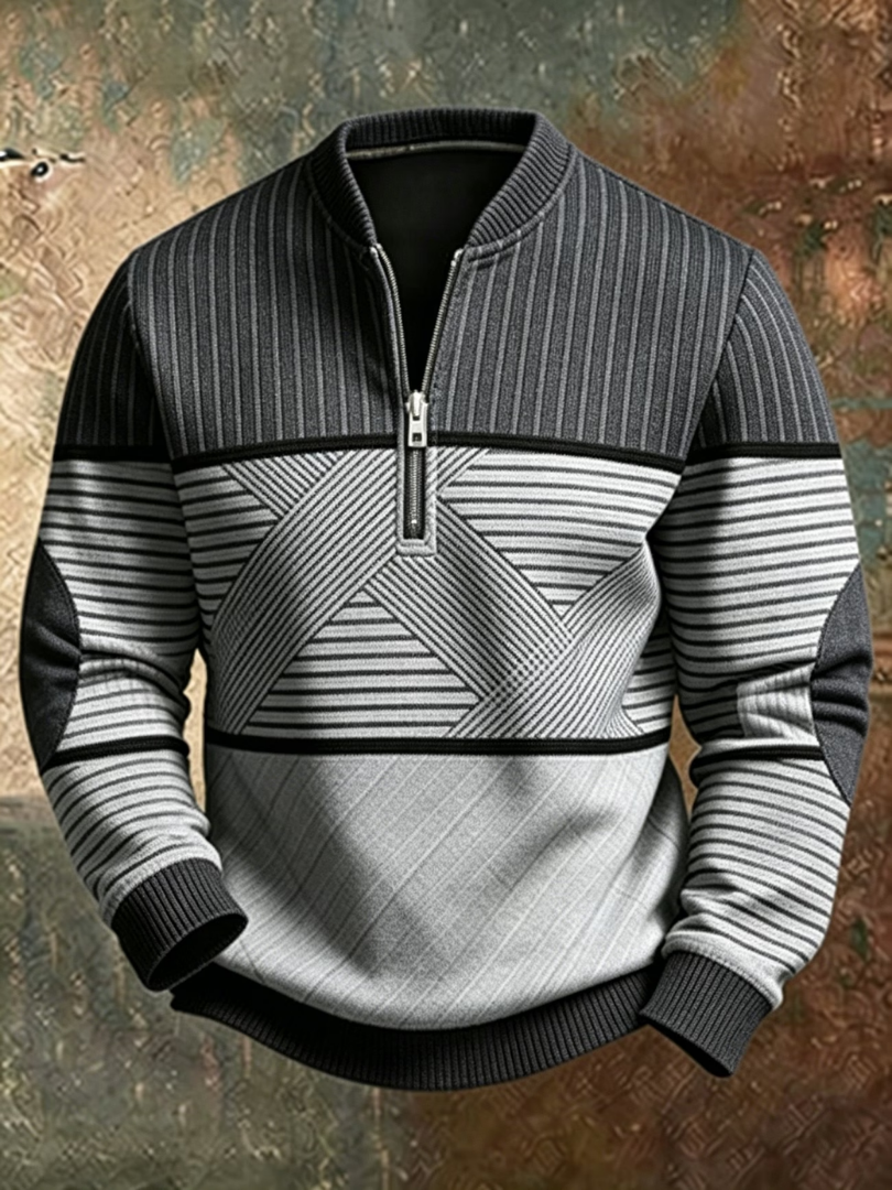 Theous | Long Sleeve Striped Jumper with Half Zip