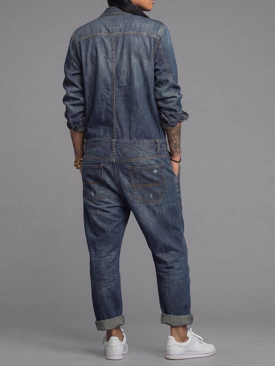 Ravina - Button Front Utility Denim Style Jumpsuit