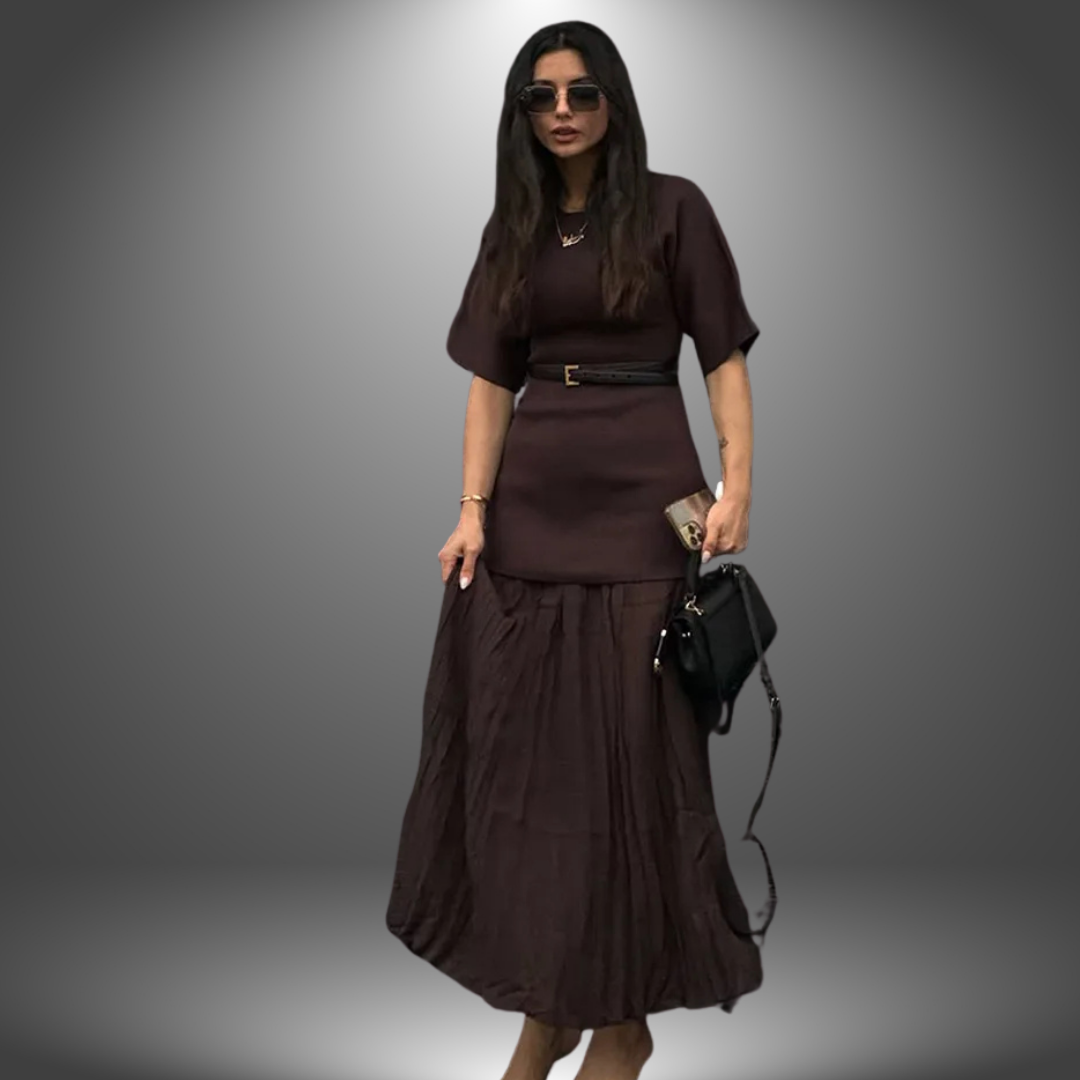 Valentina | Pleated Midi Dress Long Sleeve Belted
