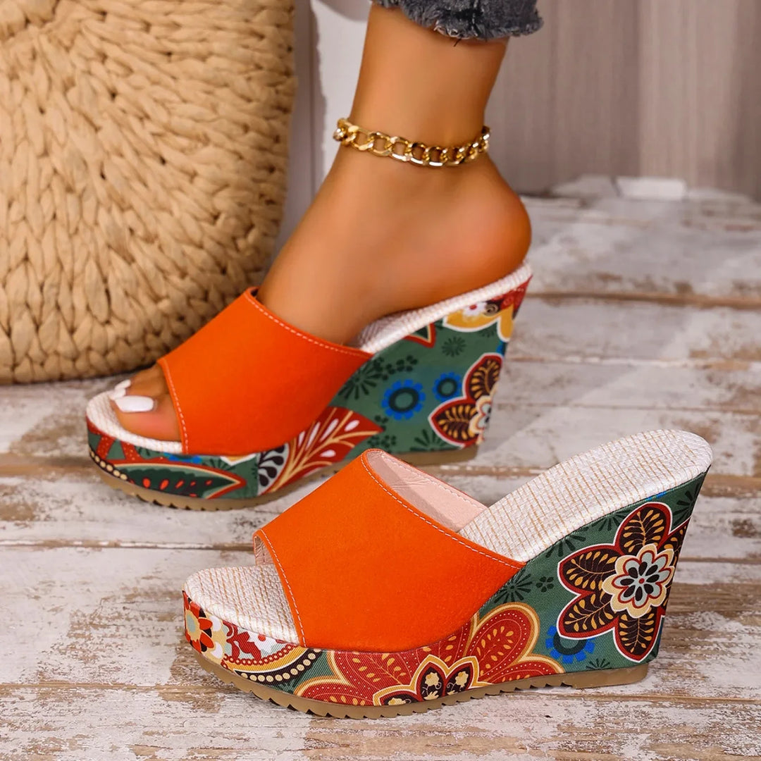 Laerke - Floral Print Wedge Slide Sandals