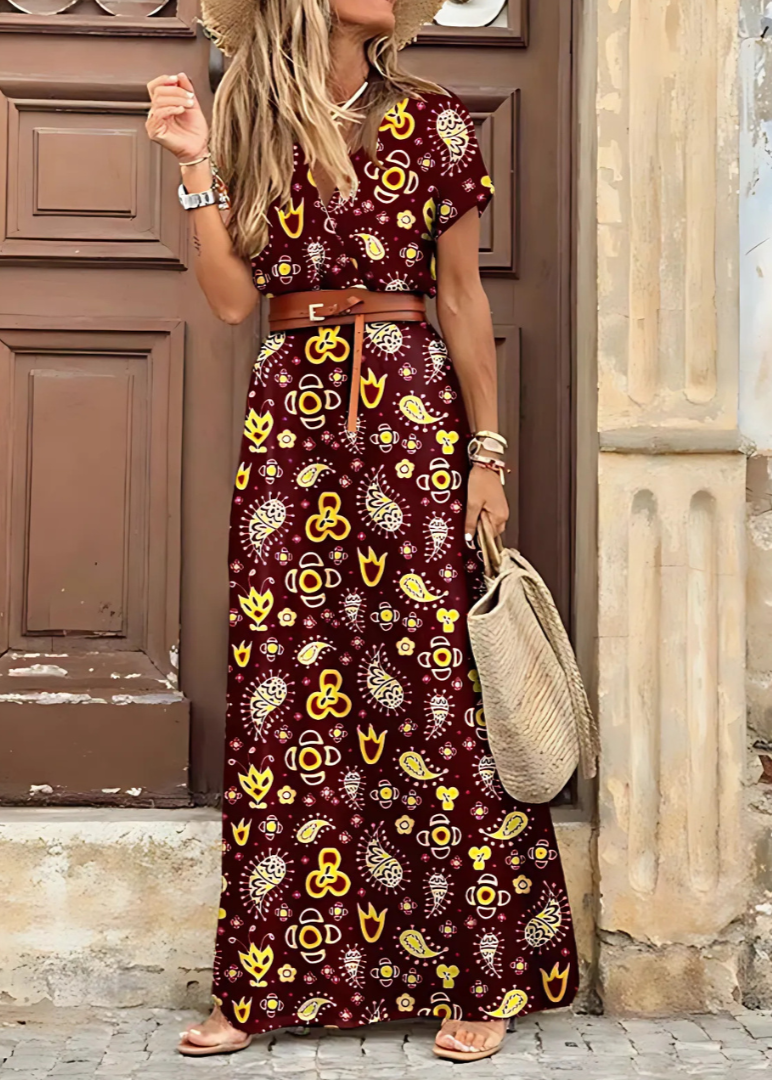 Briony | Floral V-Neck Short Sleeve Maxi Dress