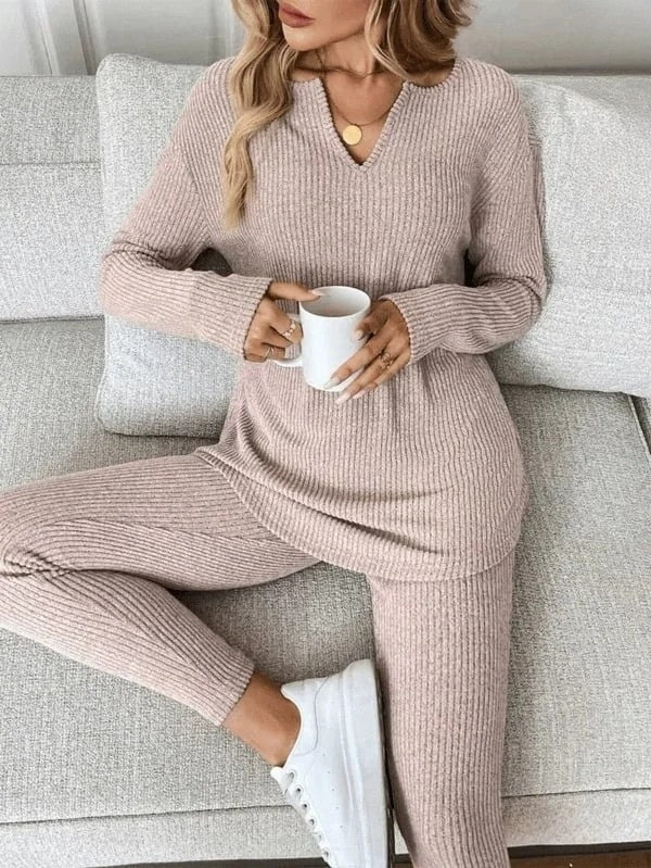 Renfri | Ribbed V-Neck Long-Sleeve Two-Piece Set