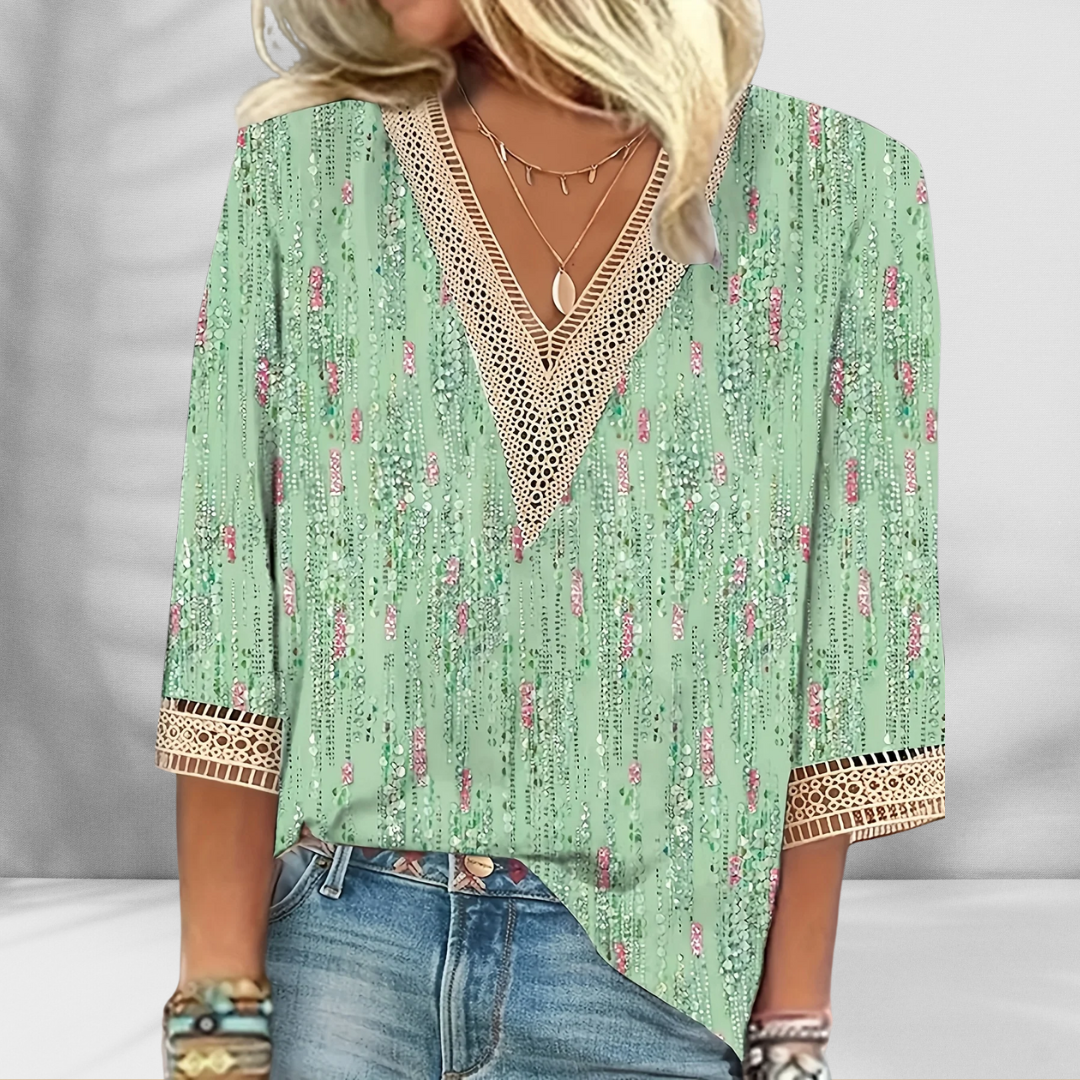 Maricela | Blouse V Neck Printed Lace Trim