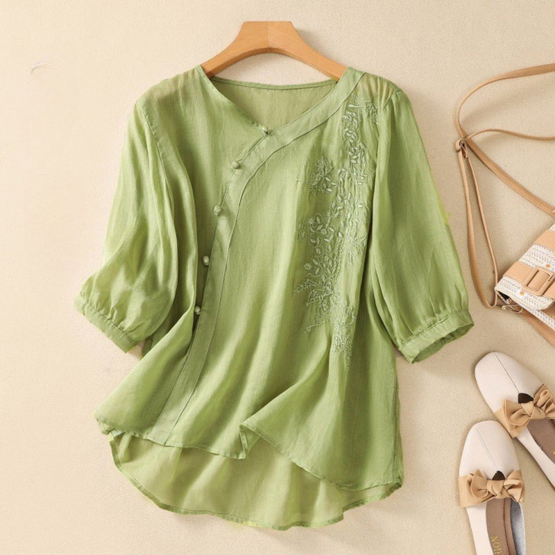 Loreen - Asymmetrical Button Tunic Embroidered Three Quarter Sleeve