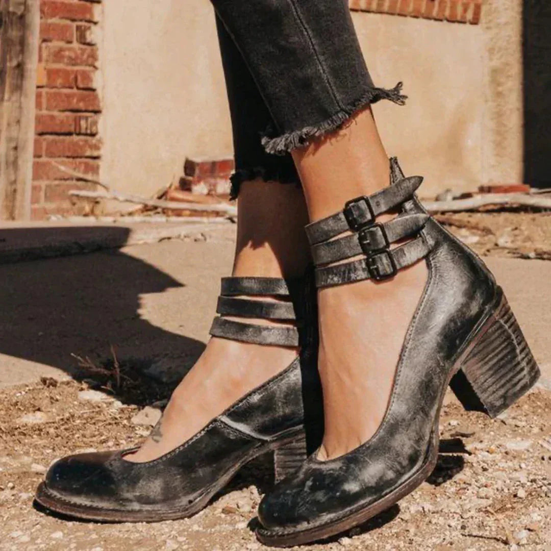Steffie – Wooden Block Heel Strap Shoes