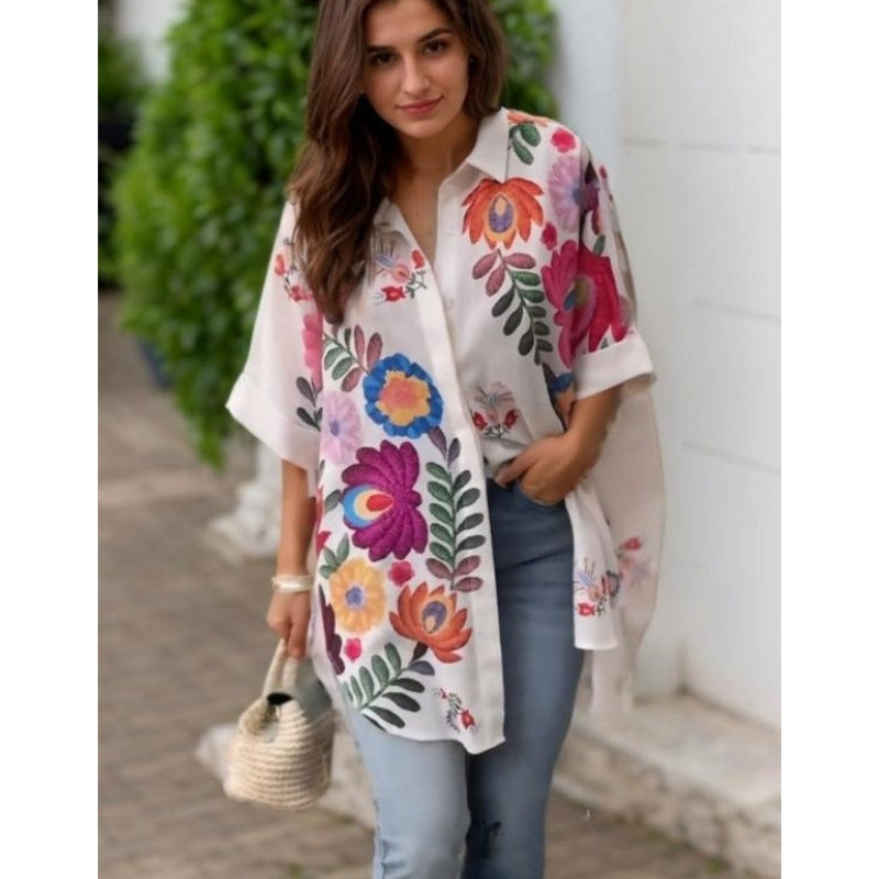 Rossella | Floral Print Short Sleeve Long Shirt