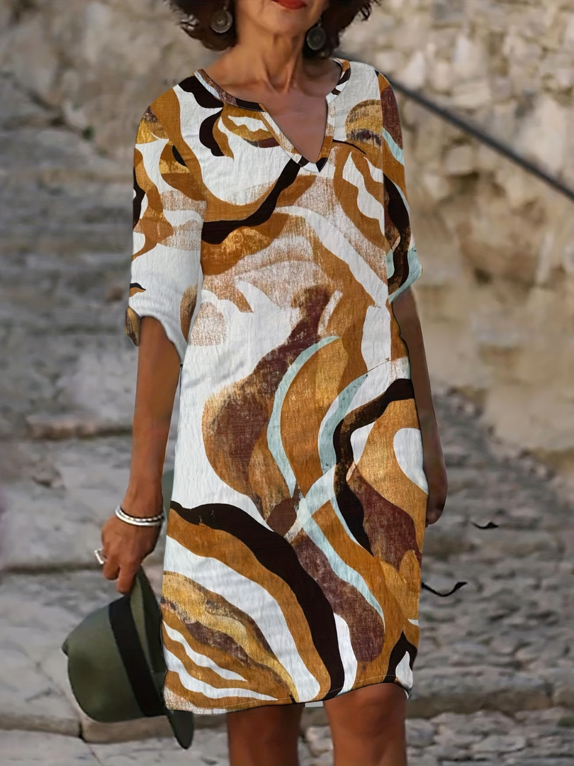 Evgeniya | Abstract Print V Neck Shift Dress