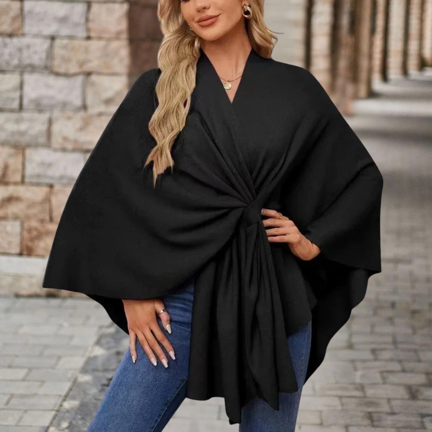 Helin | Knotted Front Wrap Knit Poncho