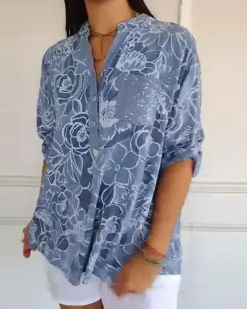 Narese | Floral Print V-Neck Roll Sleeve Blouse