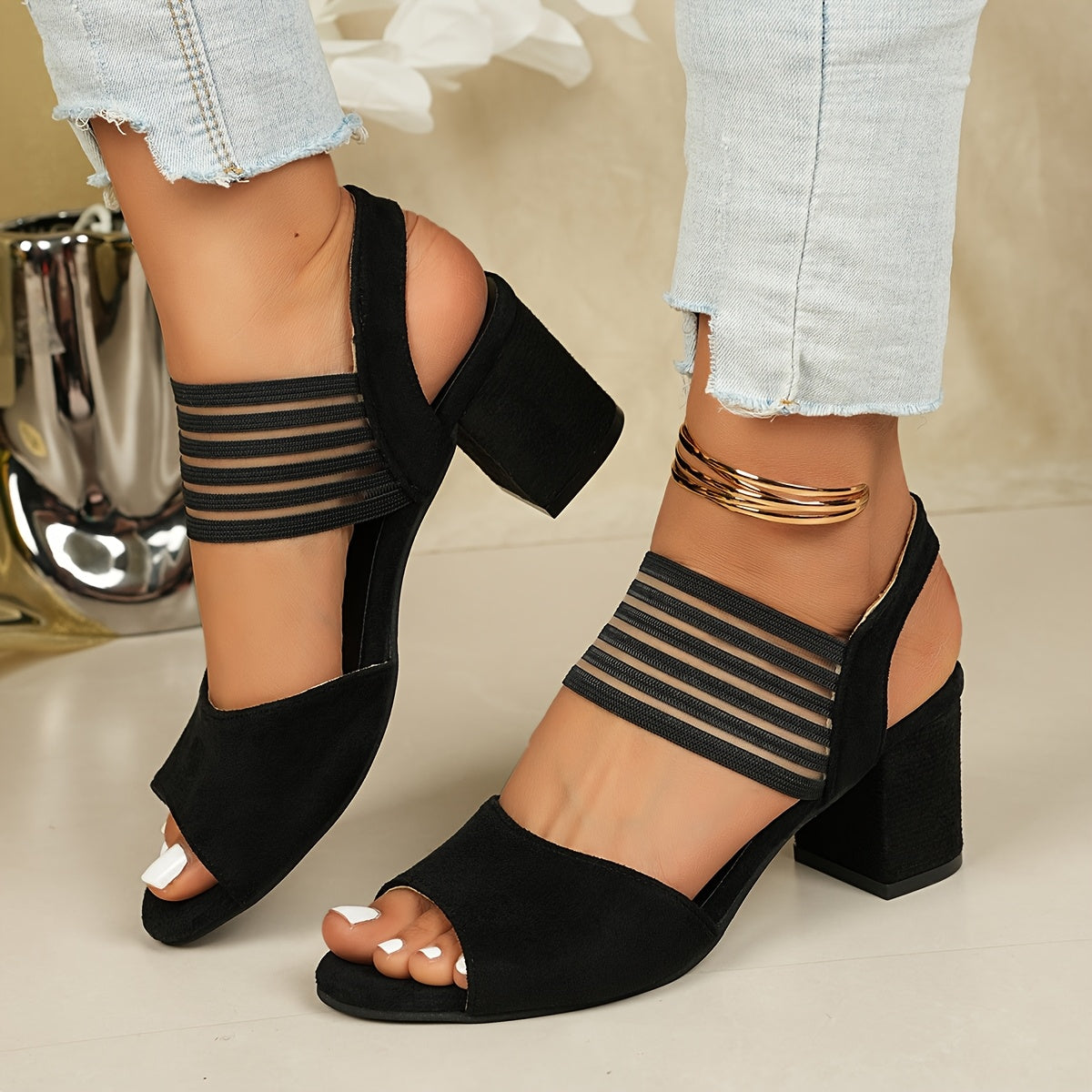 Ludovica | Chunky Heeled Open Toe Sandals in Blue