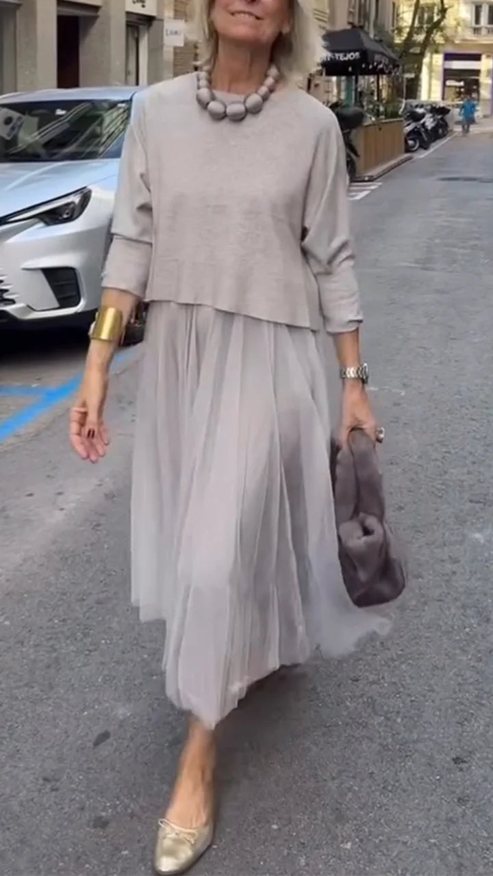 Efrata | Pleated Midi Layered Long Sleeve Dress