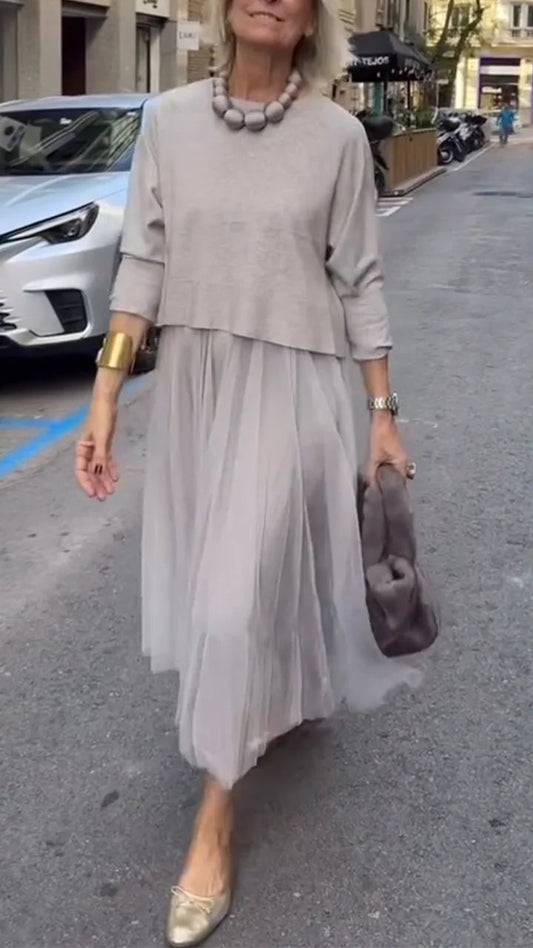 Efrata | Pleated Midi Layered Long Sleeve Dress
