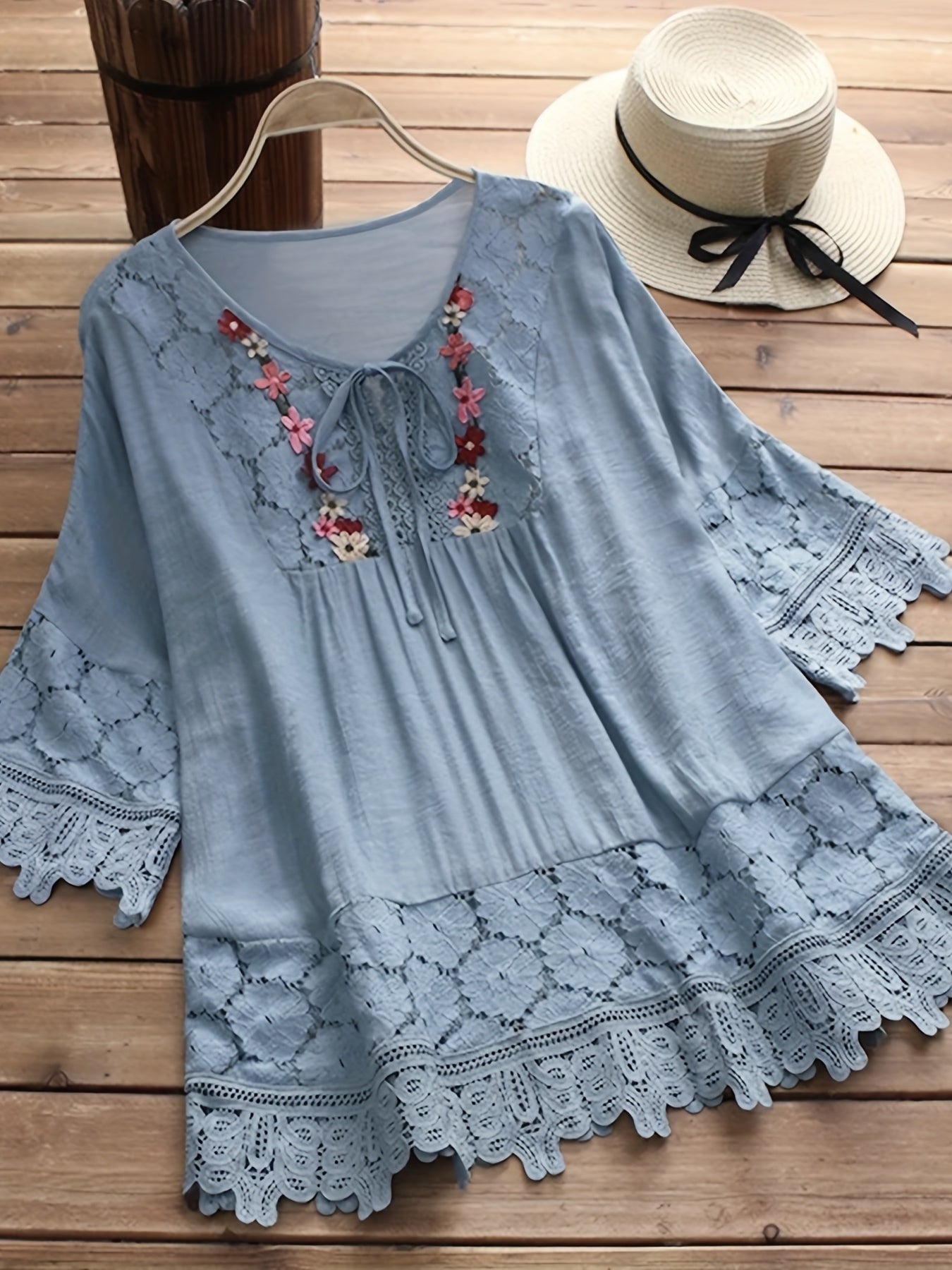 Esmeralda | Lace Trim Embroidered Tie Neck Blouse