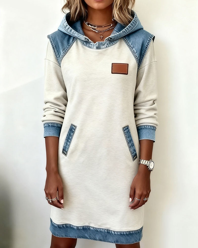 Viktoria - Hooded Denim Insert Midi Dress