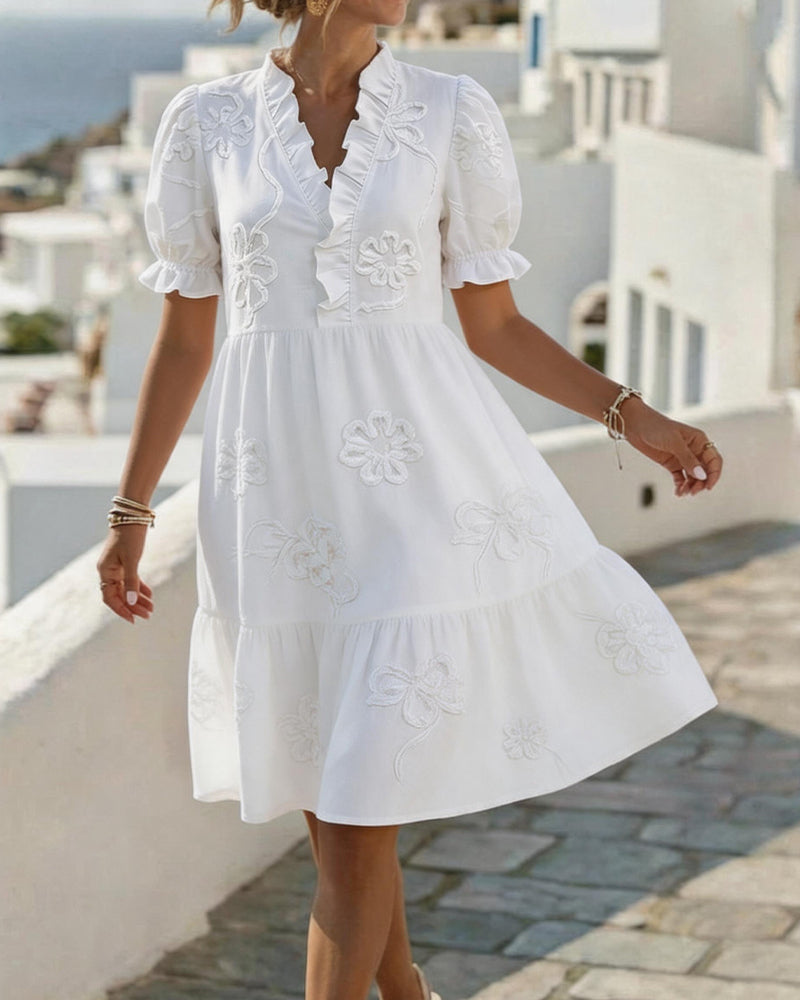 Nija | Dress with V-Neck Ruffles and Embroidery