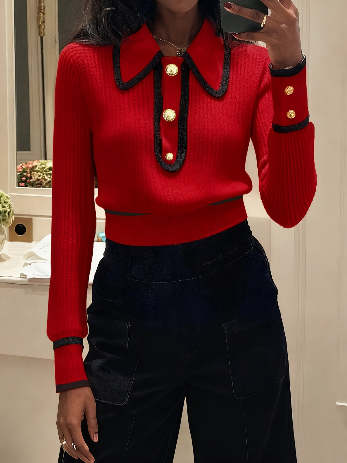 Roweina | Long Sleeve Contrast Trim Button Jumper