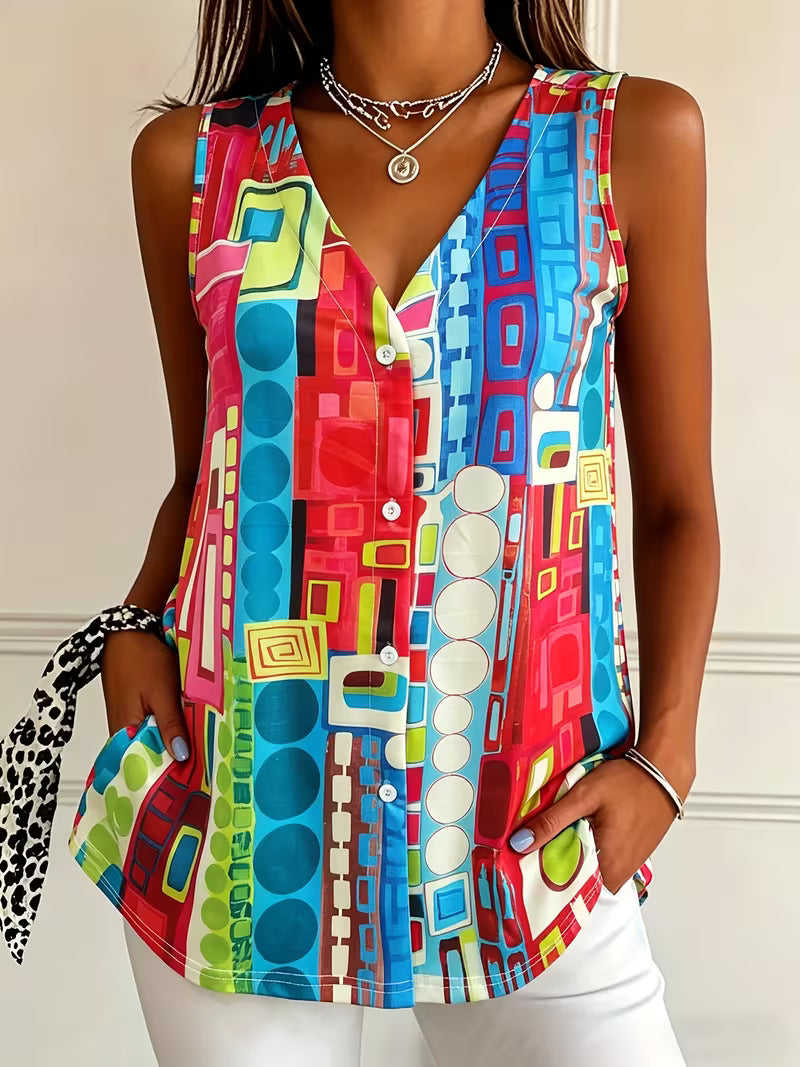 Corinaa | Sleeveless V Neck Printed Button Top