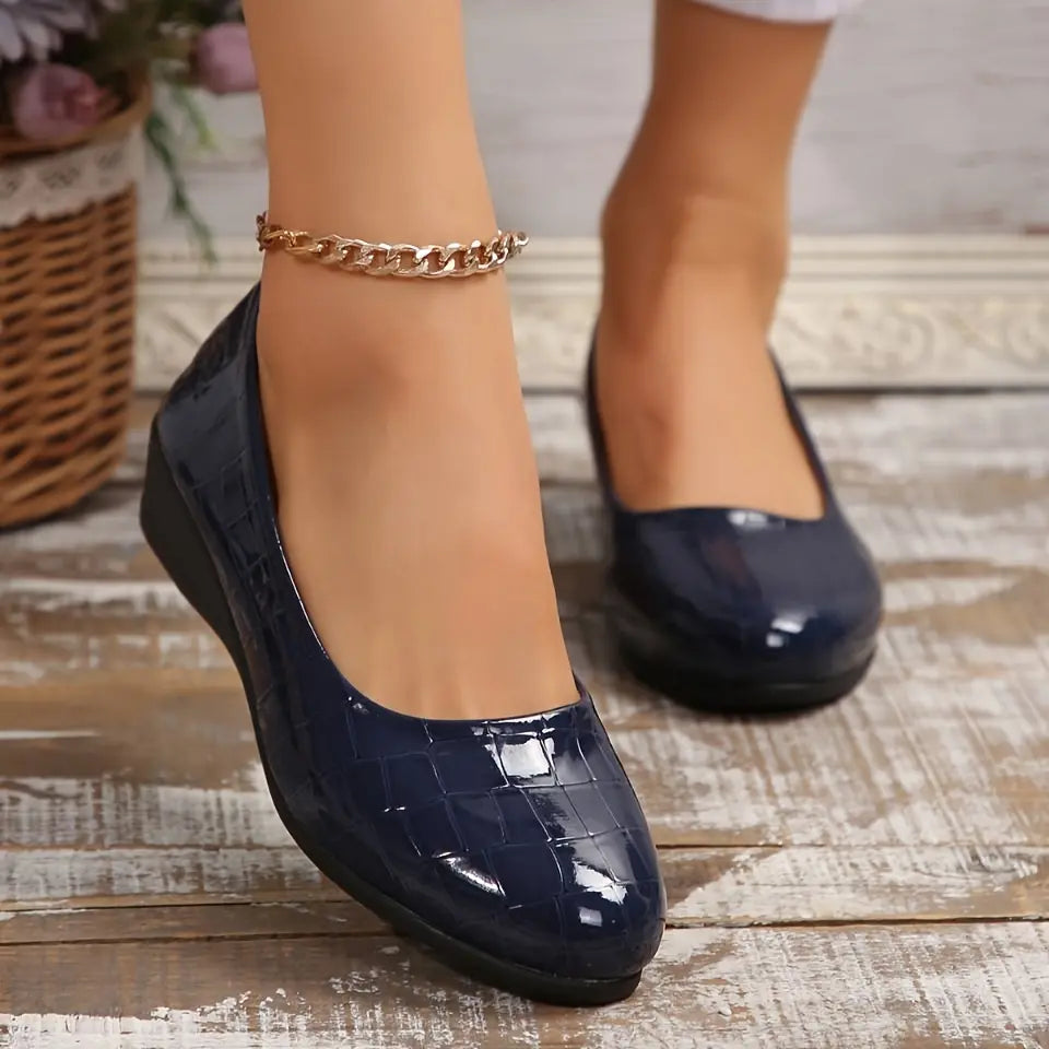 Rebekah - Wedge Heel Croc Pattern Court Shoes