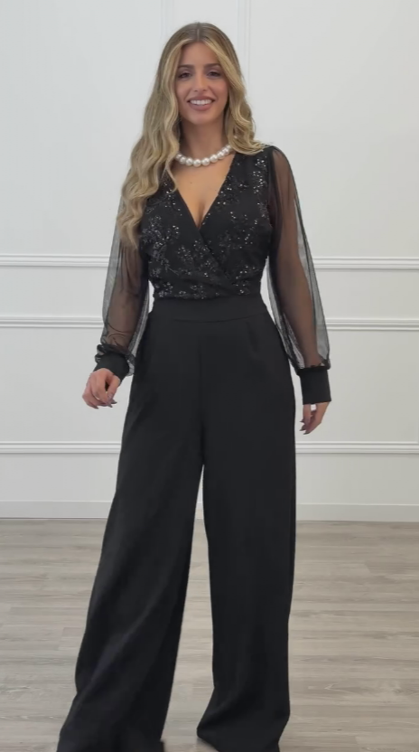 Meira - Mesh Sleeve Embellished Wide Leg Jumpsuit