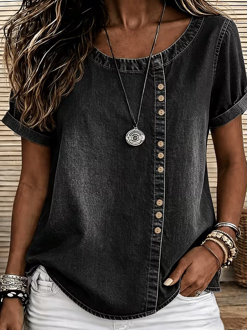 Ferina | Denim Style Short Sleeve Button Top