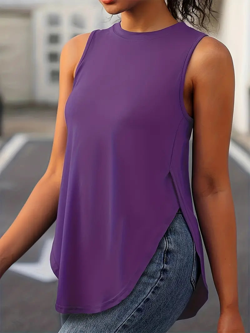 Desirae | Sleeveless Round Neck Curved Hem Top