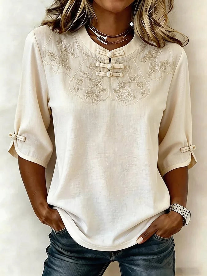 Nozilia - Floral Embroidered Half Sleeve Blouse