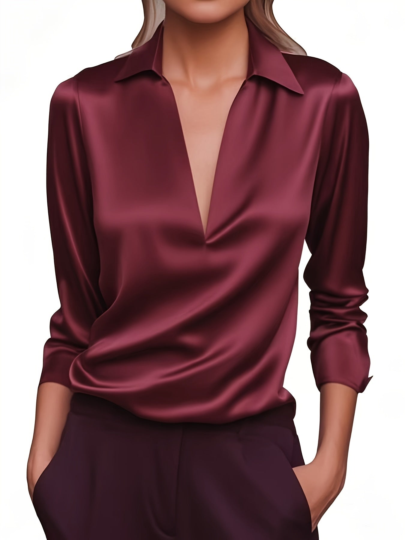 Kyrra – Satin V Neck Long Sleeve Blouse