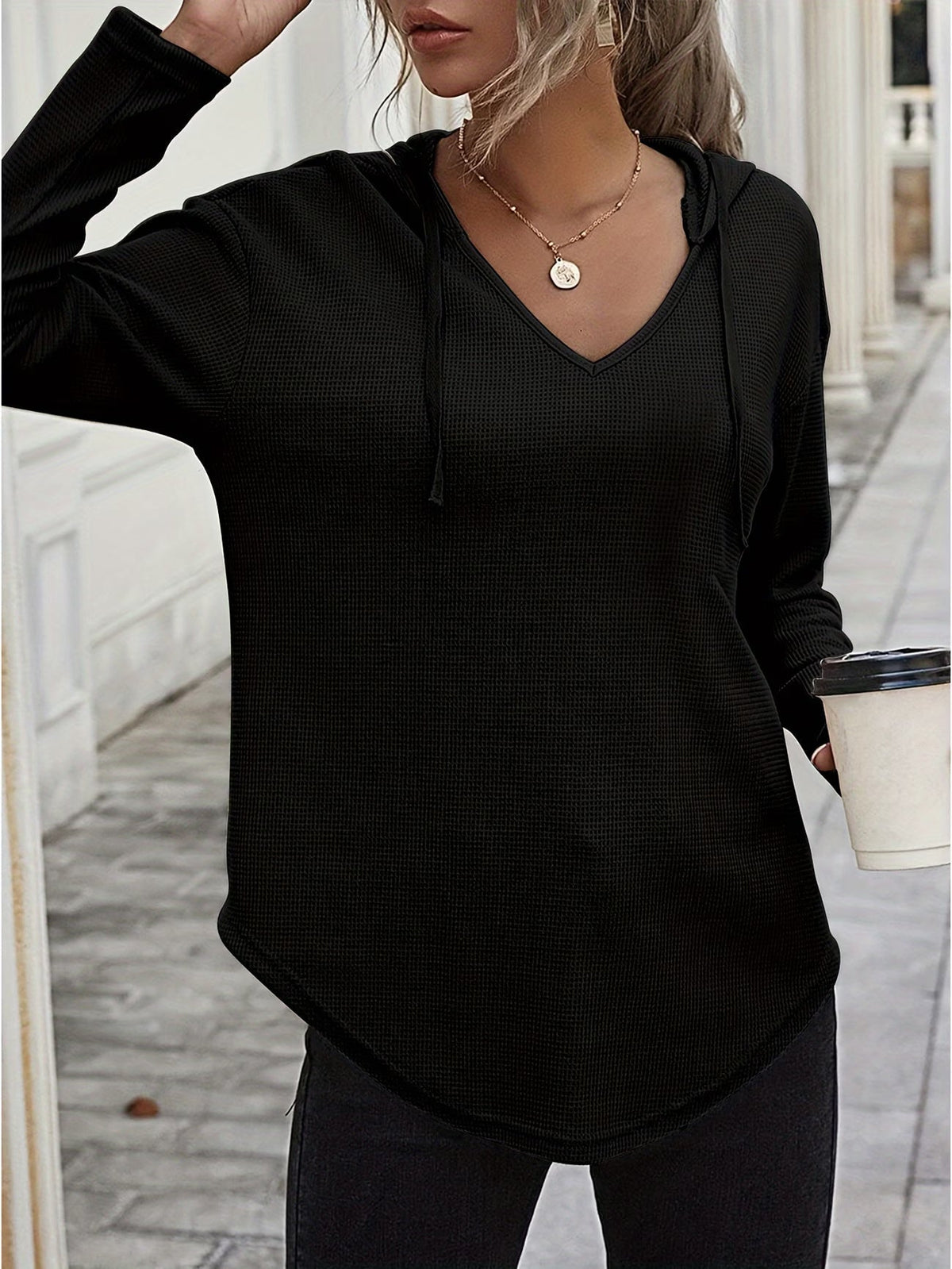 Laurette | Long Sleeve V-Neck Hoodie with Hood
