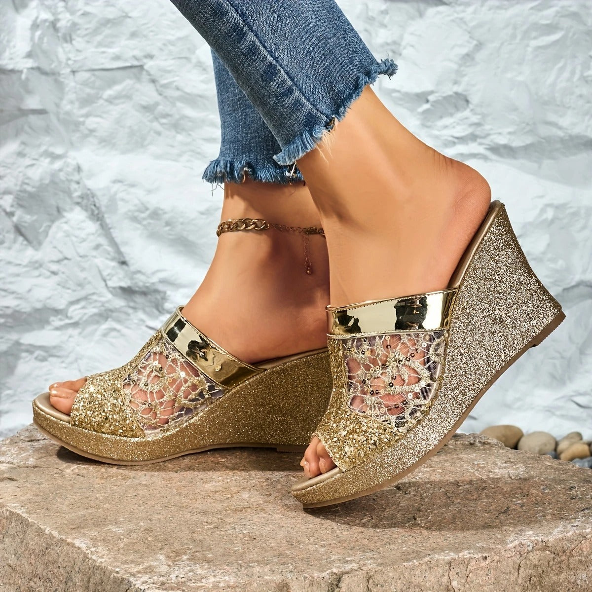 Alexis | Wedge Sandals With Lace Glitter Panel