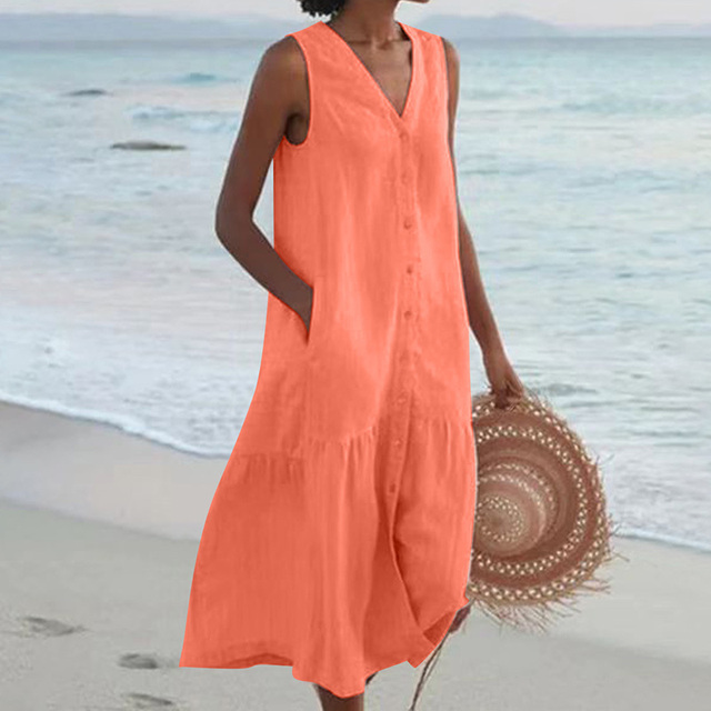 Maira | Sleeveless V Neck Button Midi Dress