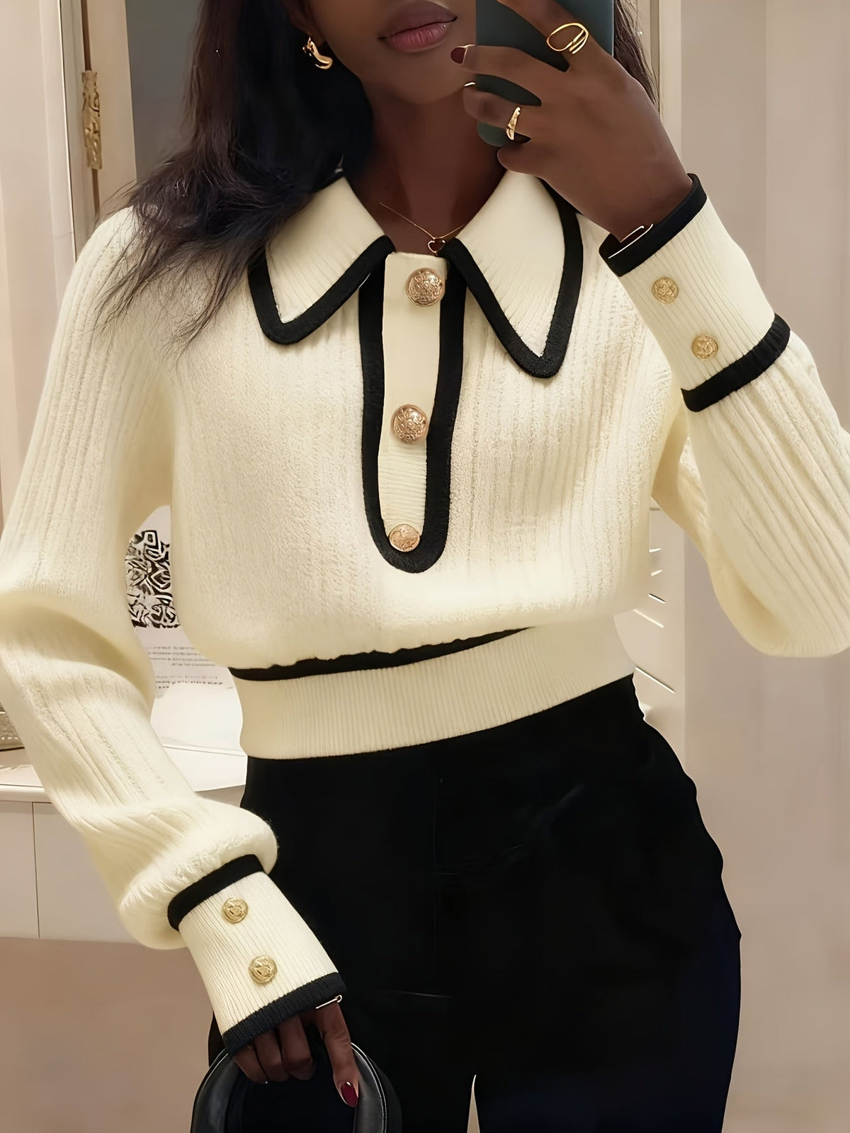 Roweina | Long Sleeve Contrast Trim Button Jumper