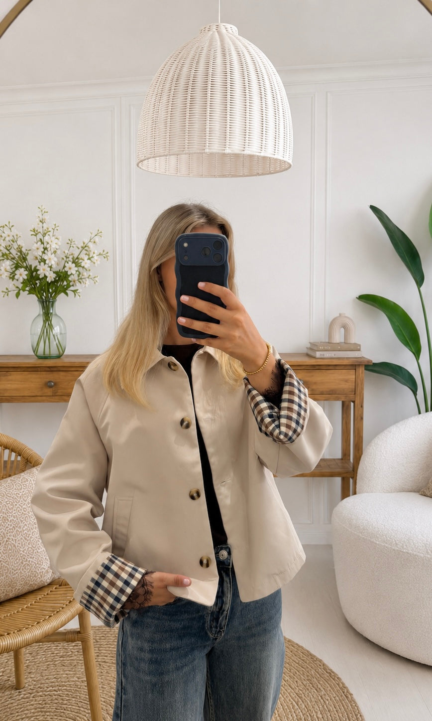 Ayla | Cropped Button Jacket with Checkered Cuffs