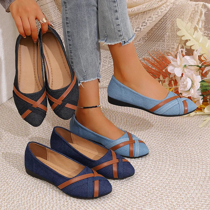 Shakina | Denim-Style Cross Strap Ballet Flats