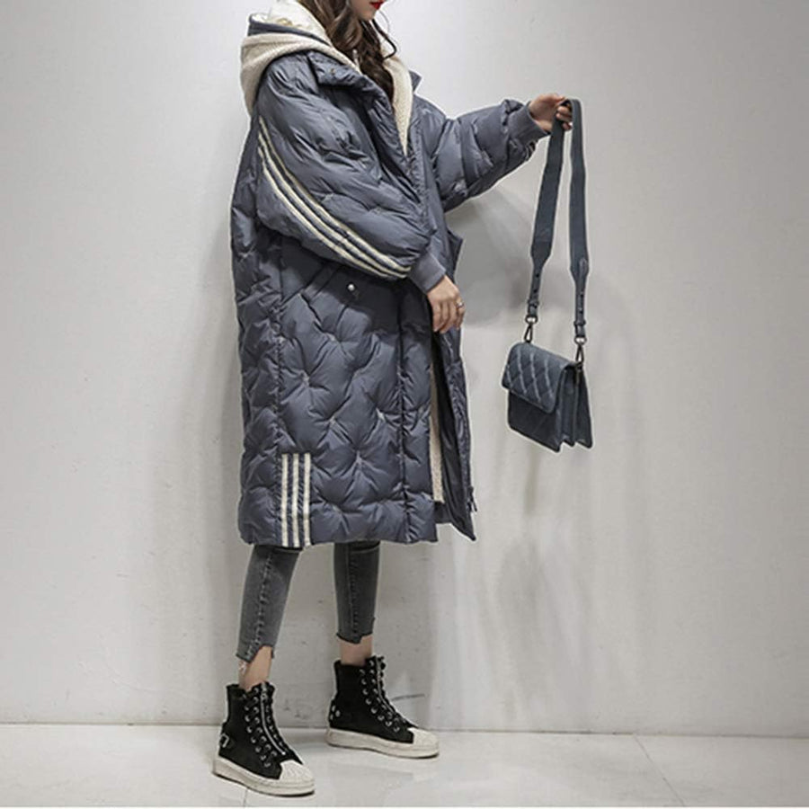 Lesley | Coat Quilted Hooded Longline with Striped Trim