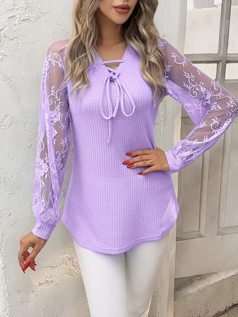 Wazina | Long Sleeve Lace V-Neck Tie Top