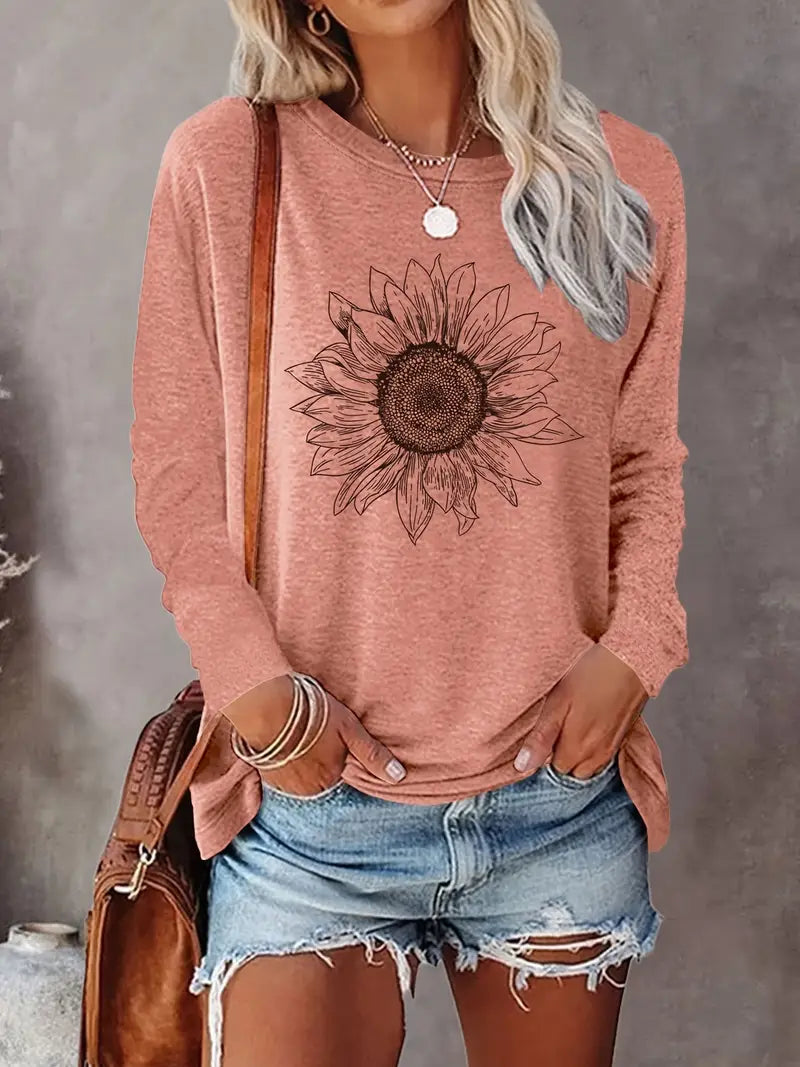 Levine | Long Sleeve Sunflower Print Tunic Top