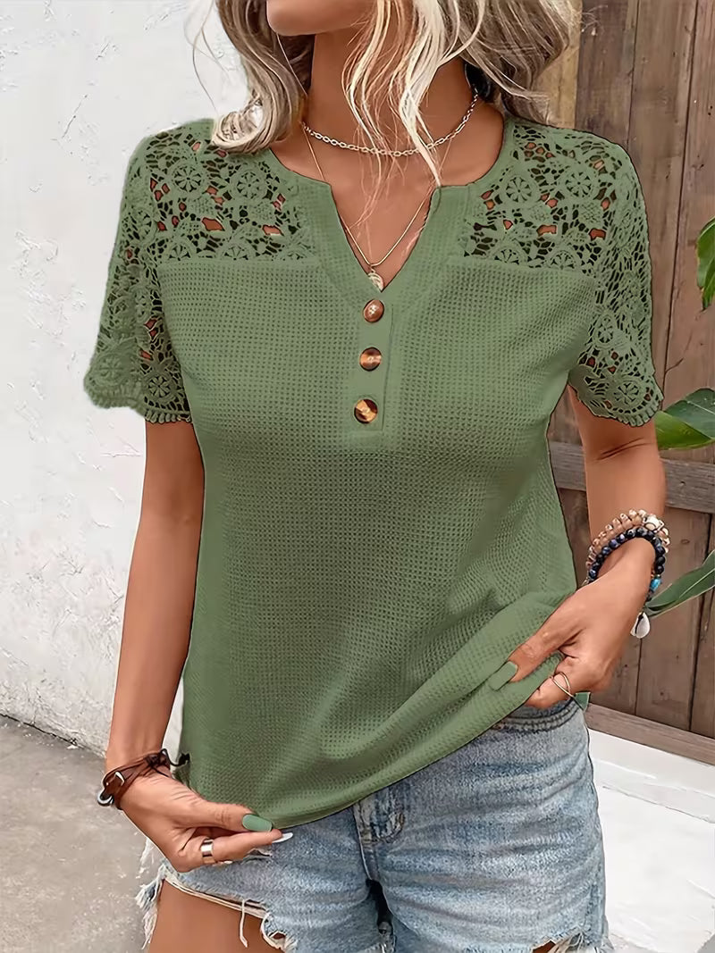 Sinna | Short Sleeve Lace Panel Button Top